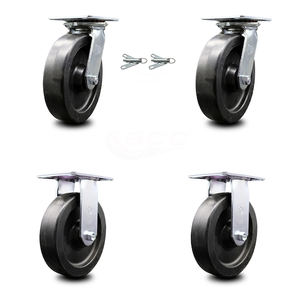 8 Inch Polyolefin Caster Set with Ball Bearing 2 Swivel Lock and 2 Rigid SCC